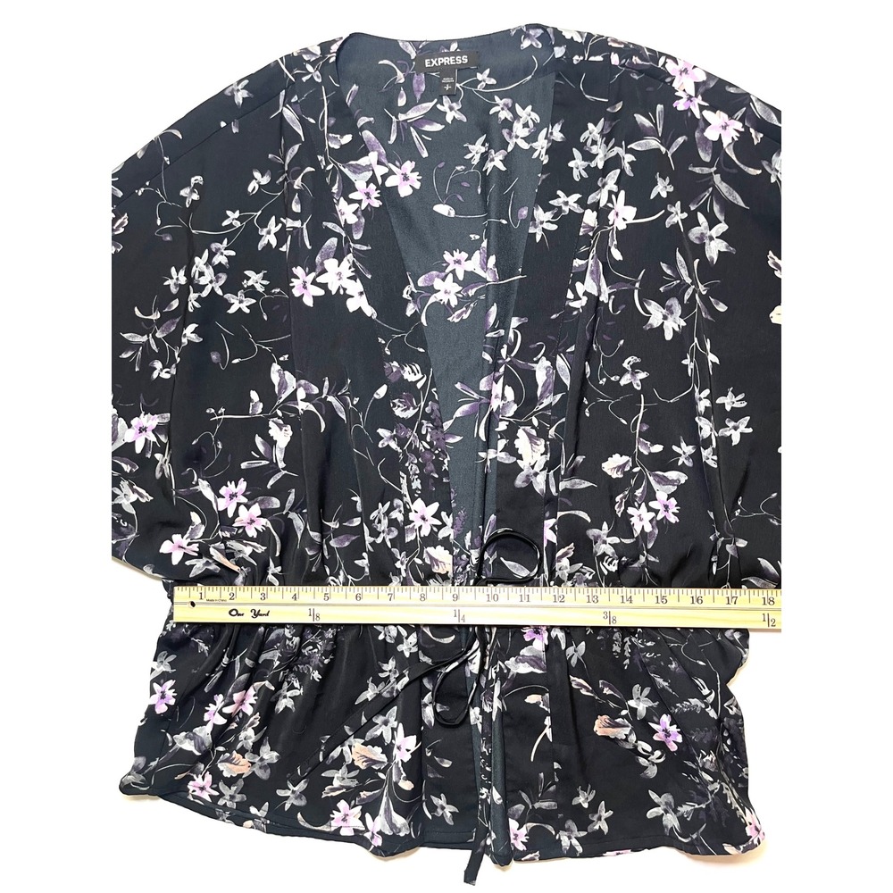 Express Floral Peplum Blouse Black Purple Open Front Tie Waist Top Small 0209 - Picture 3 of 6